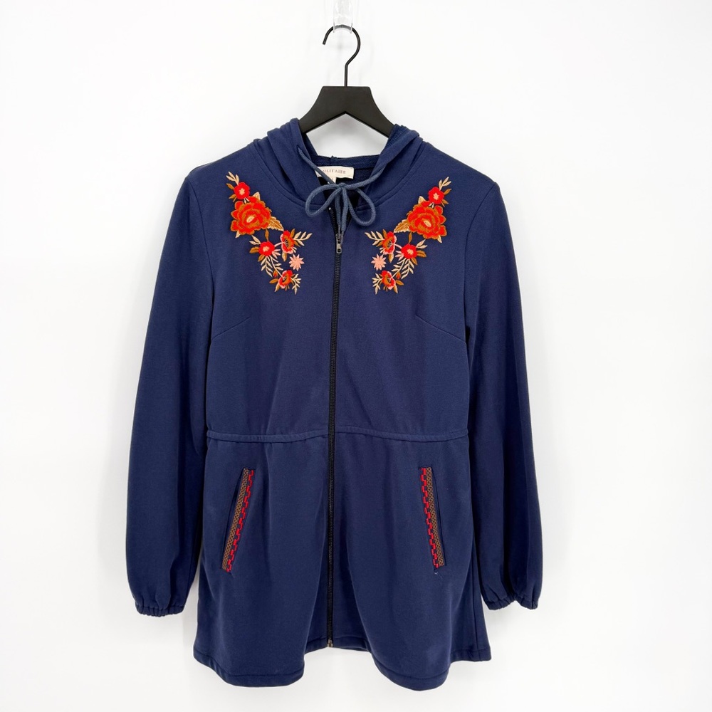 Solitaire Floral Embroidered Casual Zipper Front Hoodie Blue Medium